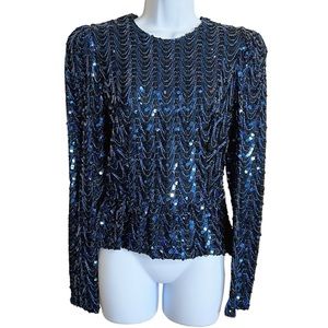 Partique Vintage Sequin Peplum Top Size 8 Womens Fits Like Small Blue Sparkling